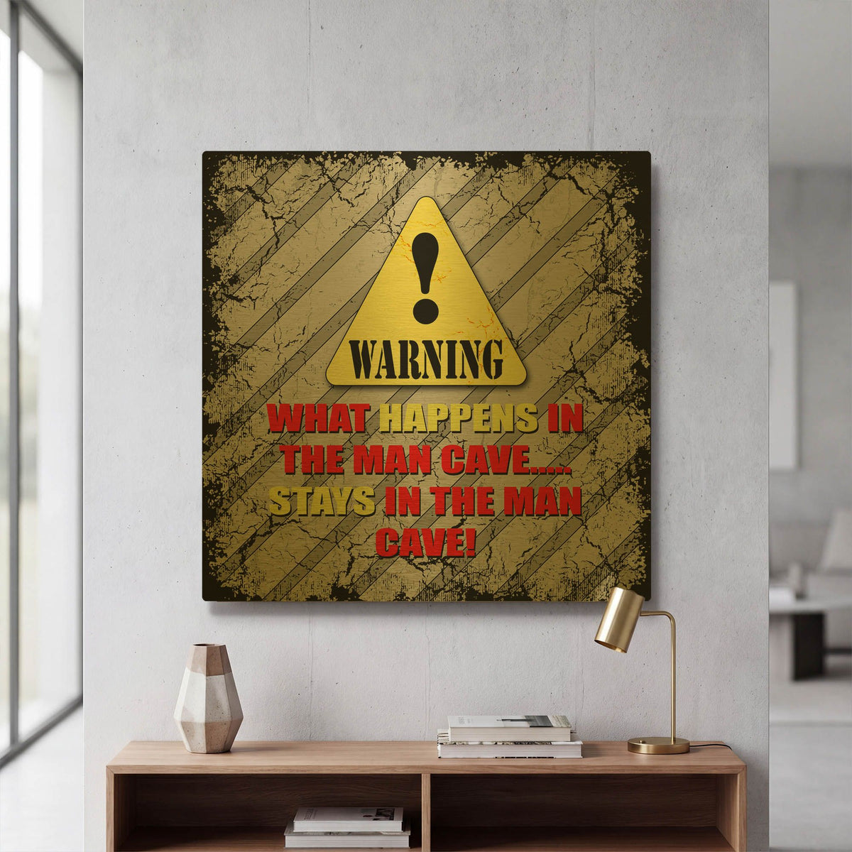 'Warning Man Cave What Happens Stays' By Lightbox Journal Gold Metal Wall Art