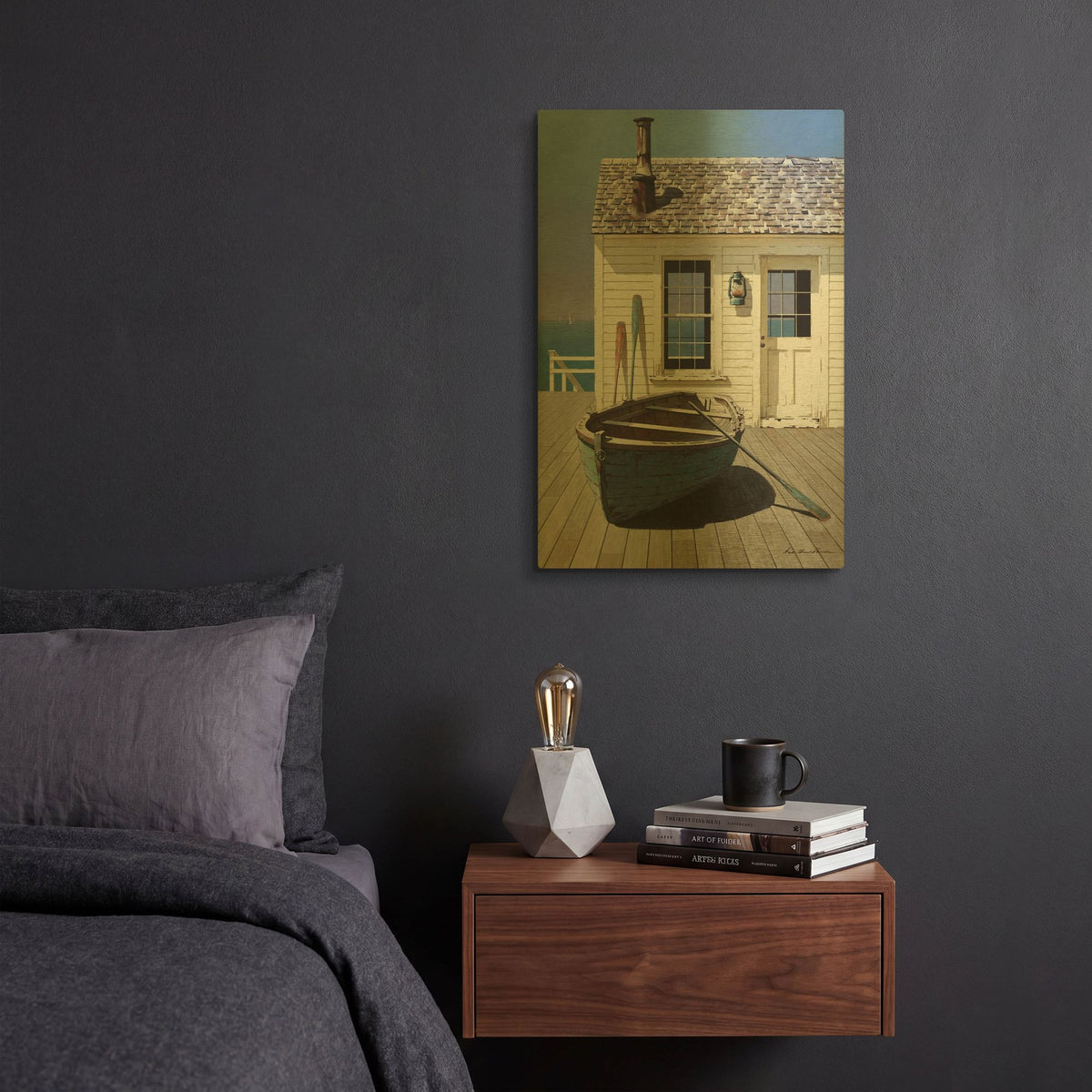 'Blue Boat On Deck' By Zhen-Huan Lu Gold Metal Wall Art