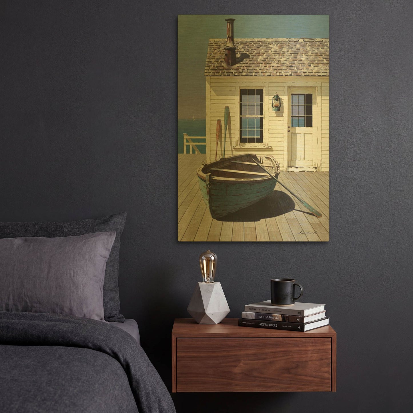 'Blue Boat On Deck' By Zhen-Huan Lu Gold Metal Wall Art