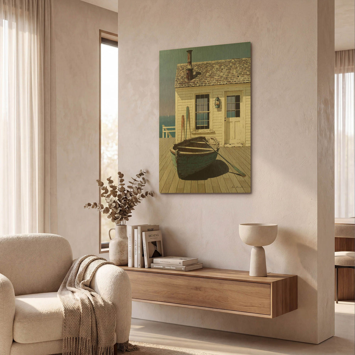 'Blue Boat On Deck' By Zhen-Huan Lu Gold Metal Wall Art