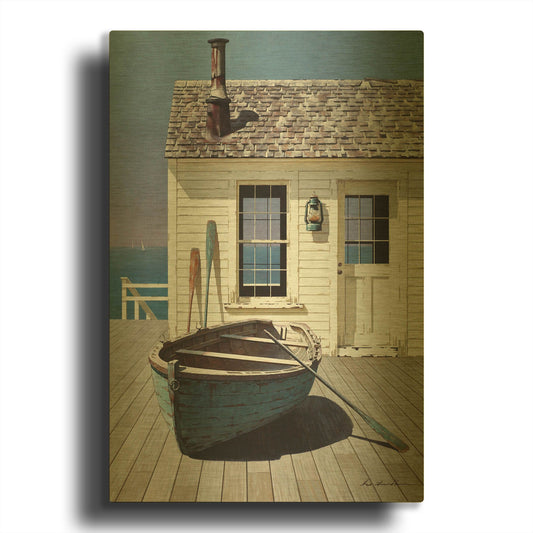 'Blue Boat On Deck' By Zhen-Huan Lu Gold Metal Wall Art