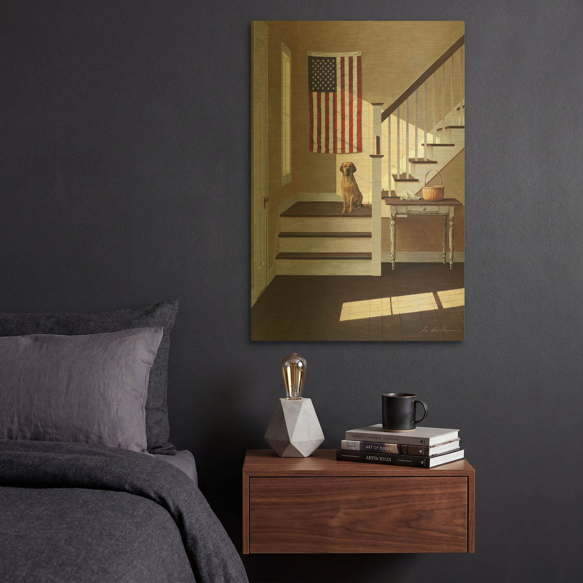 'Dog On Stairs' By Zhen-Huan Lu Gold Metal Wall Art