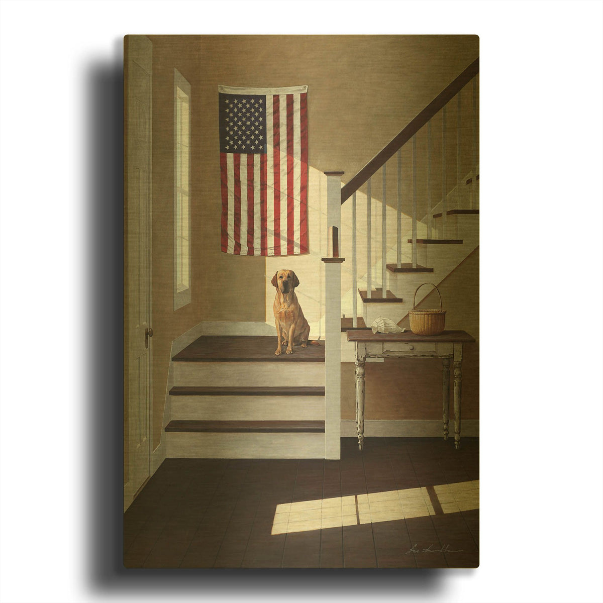 'Dog On Stairs' By Zhen-Huan Lu Gold Metal Wall Art