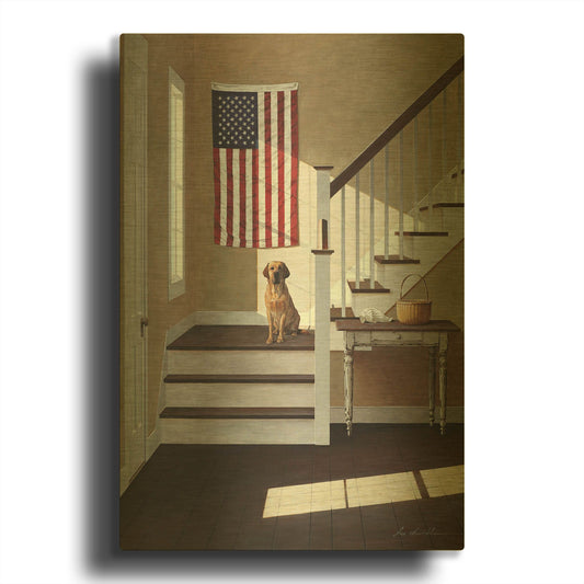 'Dog On Stairs' By Zhen-Huan Lu Gold Metal Wall Art
