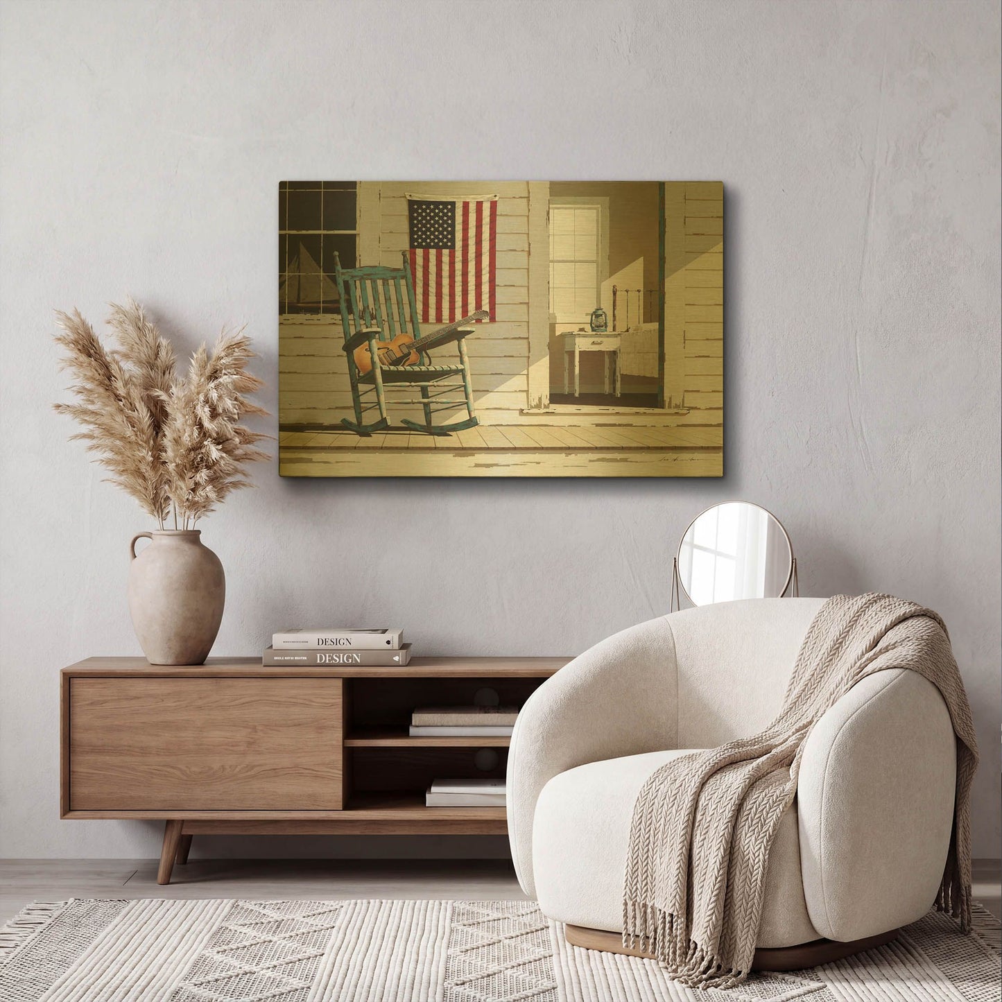 'Rocking Chair With Guitar' By Zhen-Huan Lu Gold Metal Wall Art