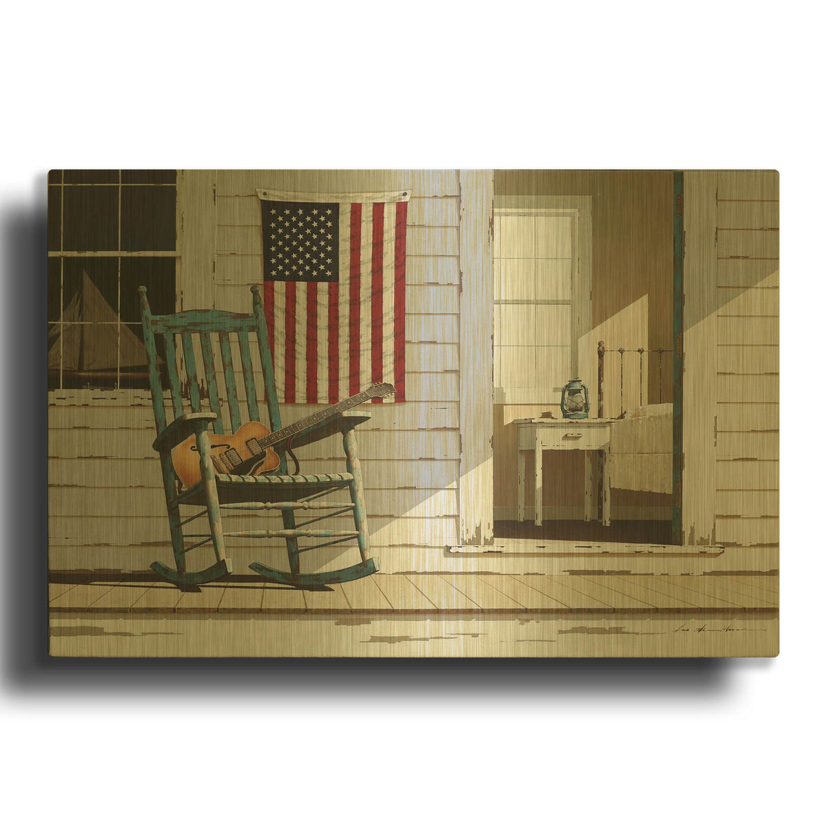 'Rocking Chair With Guitar' By Zhen-Huan Lu Gold Metal Wall Art