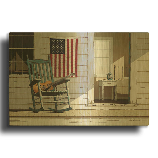'Rocking Chair With Guitar' By Zhen-Huan Lu Gold Metal Wall Art
