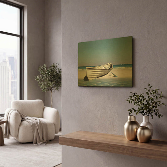 'White Boat On Beach' By Zhen-Huan Lu Gold Metal Wall Art