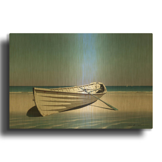 'White Boat On Beach' By Zhen-Huan Lu Gold Metal Wall Art