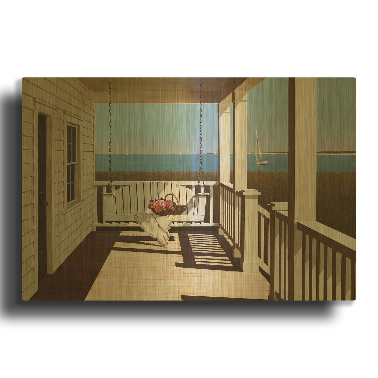 'Flower Basket On Swing Chair' By Zhen-Huan Lu Gold Metal Wall Art