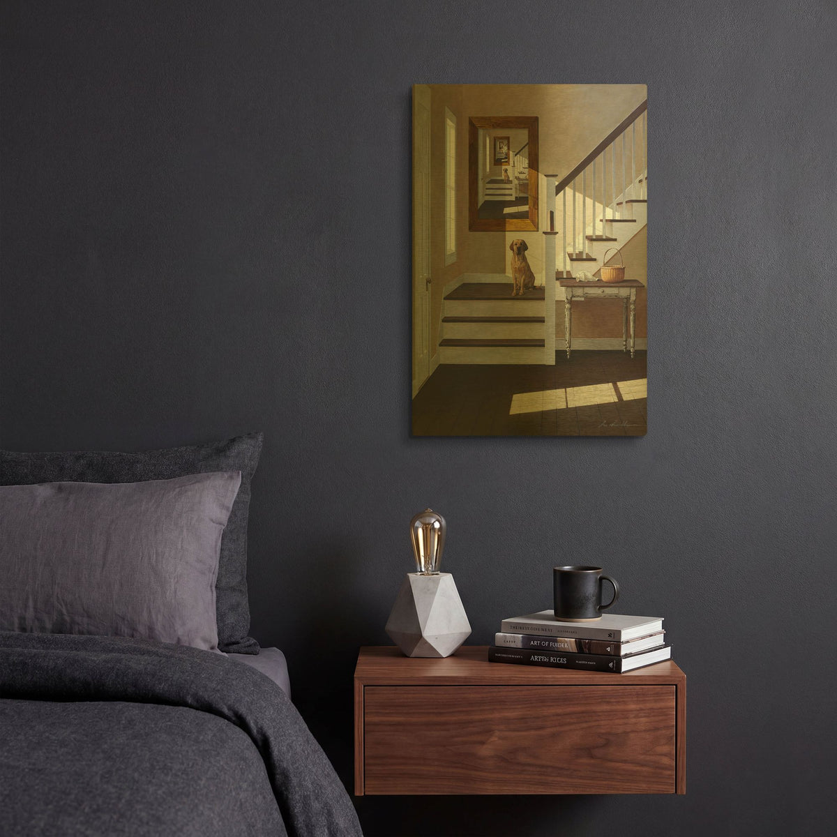 'Droste and Dog On Stairs' By Zhen-Huan Lu Gold Metal Wall Art