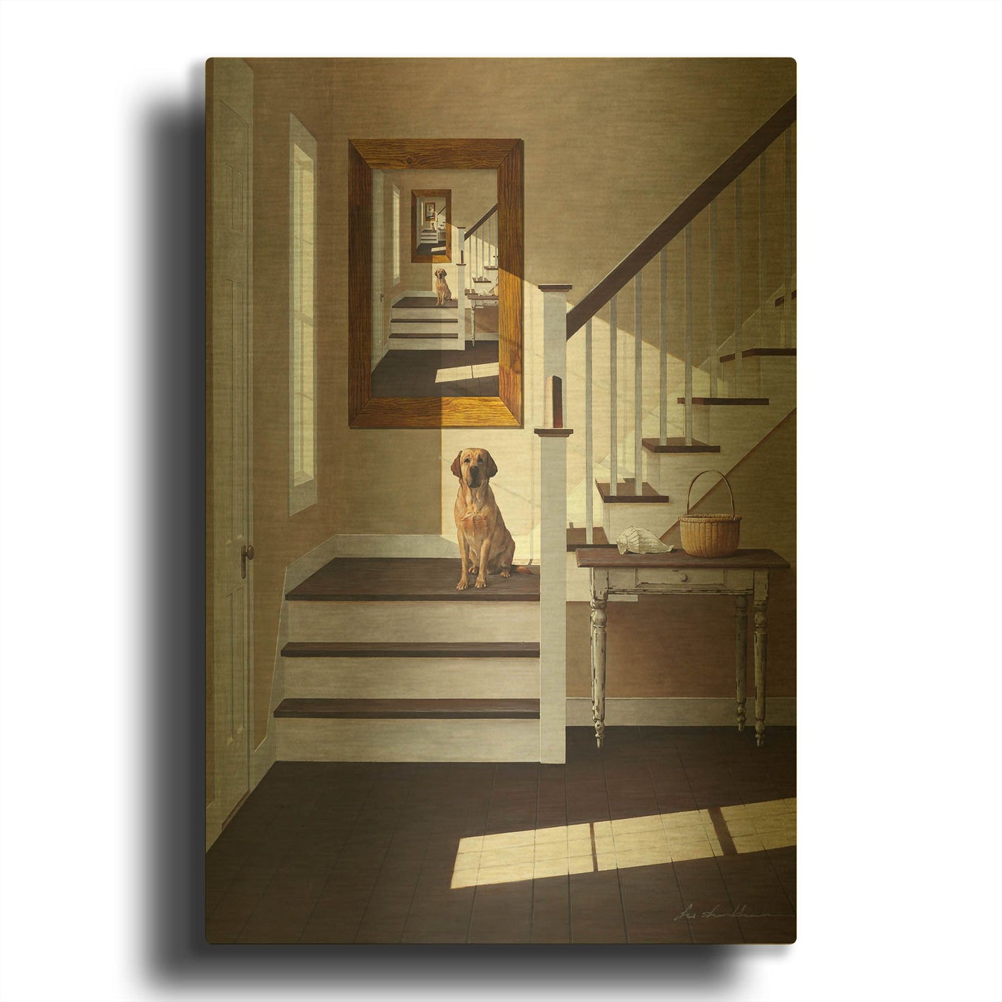 'Droste and Dog On Stairs' By Zhen-Huan Lu Gold Metal Wall Art
