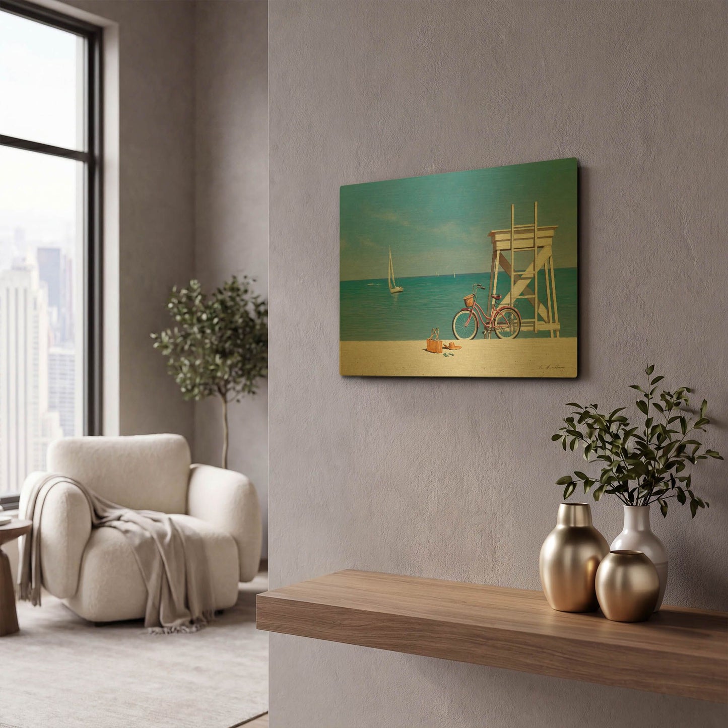'Beach Bike 3' By Zhen-Huan Lu Gold Metal Wall Art