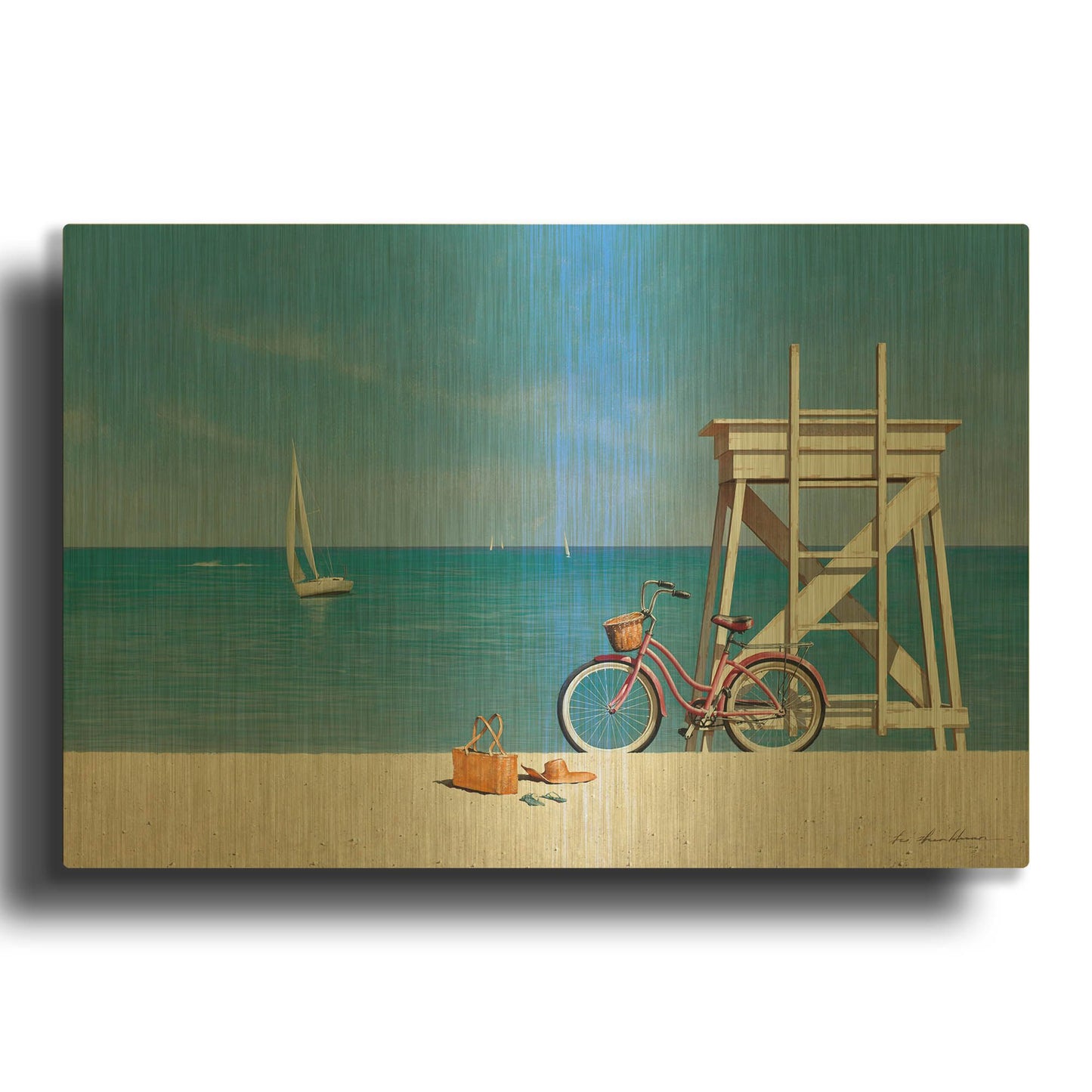 'Beach Bike 3' By Zhen-Huan Lu Gold Metal Wall Art