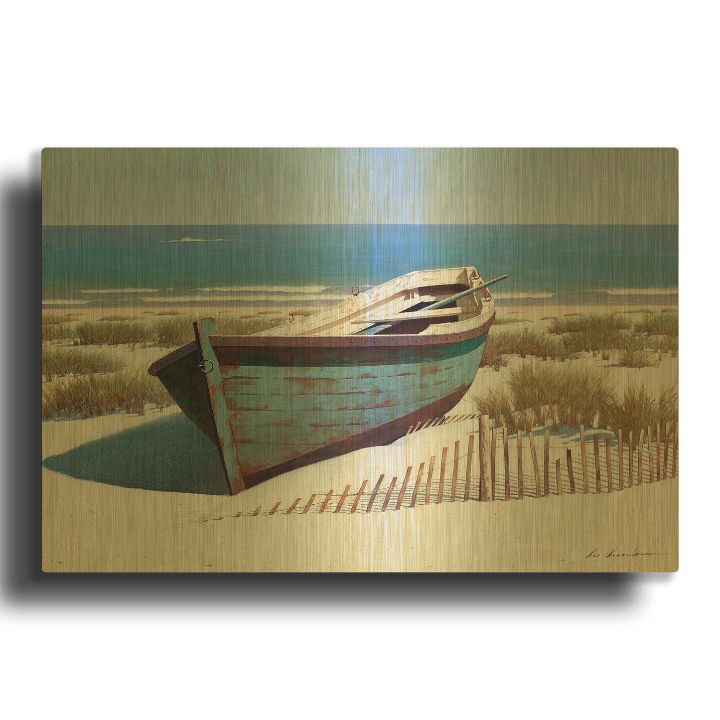 'Blue Boat on Beach' By Zhen-Huan Lu Gold Metal Wall Art