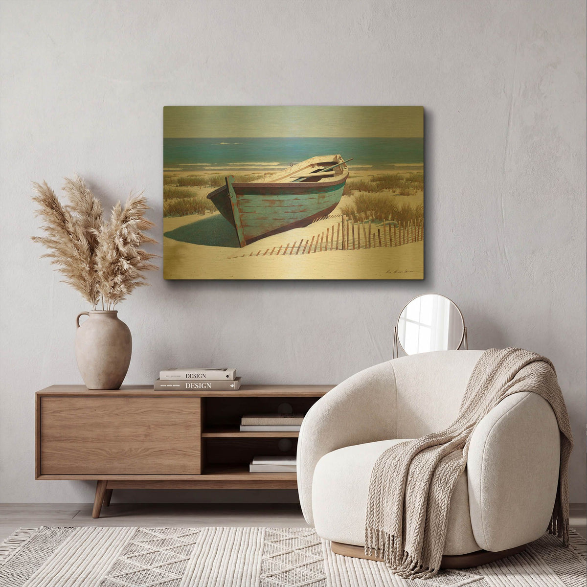 'Blue Boat on Beach' By Zhen-Huan Lu Gold Metal Wall Art