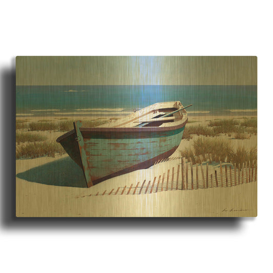 'Blue Boat on Beach' By Zhen-Huan Lu Gold Metal Wall Art