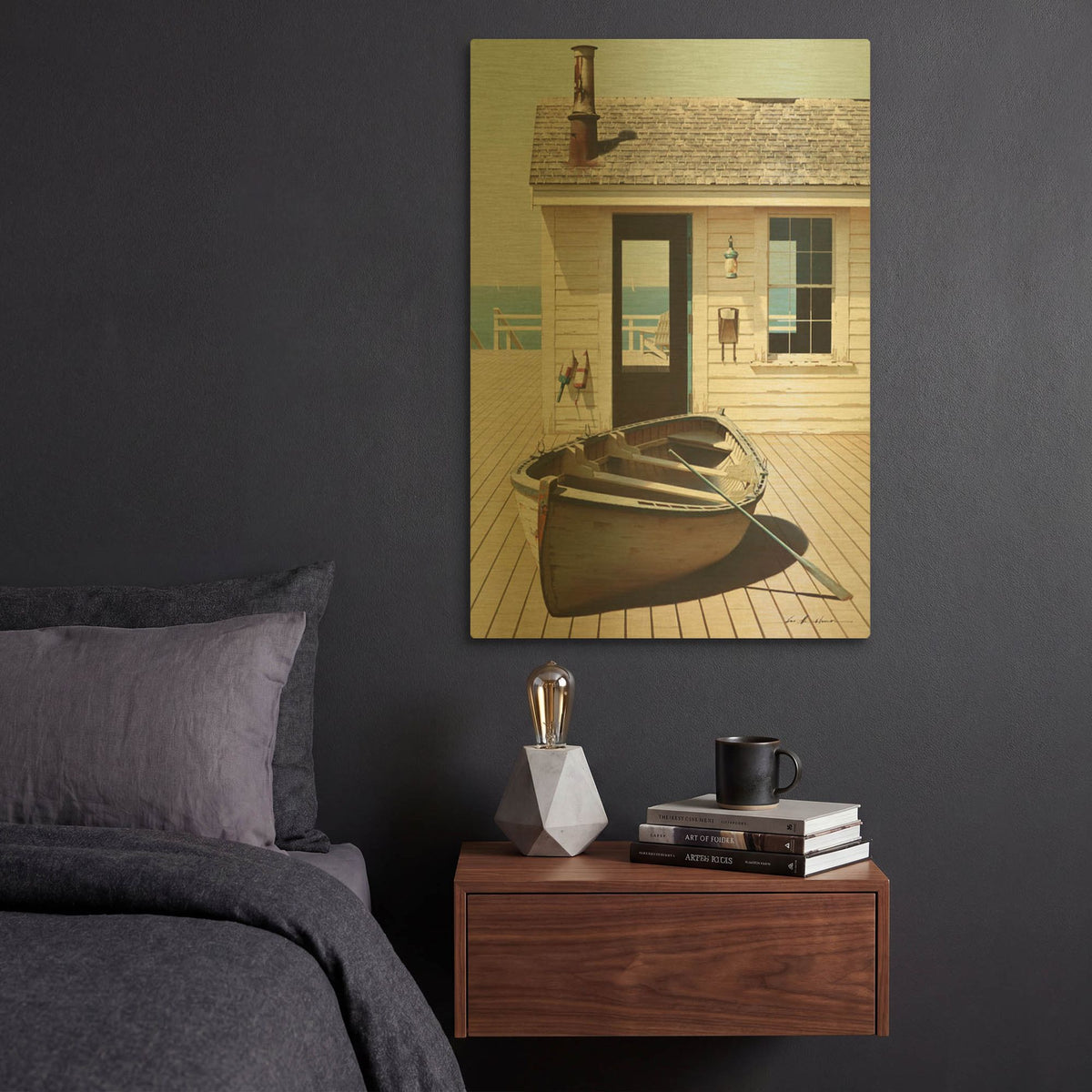 'Boat on the Dock' By Zhen-Huan Lu Gold Metal Wall Art