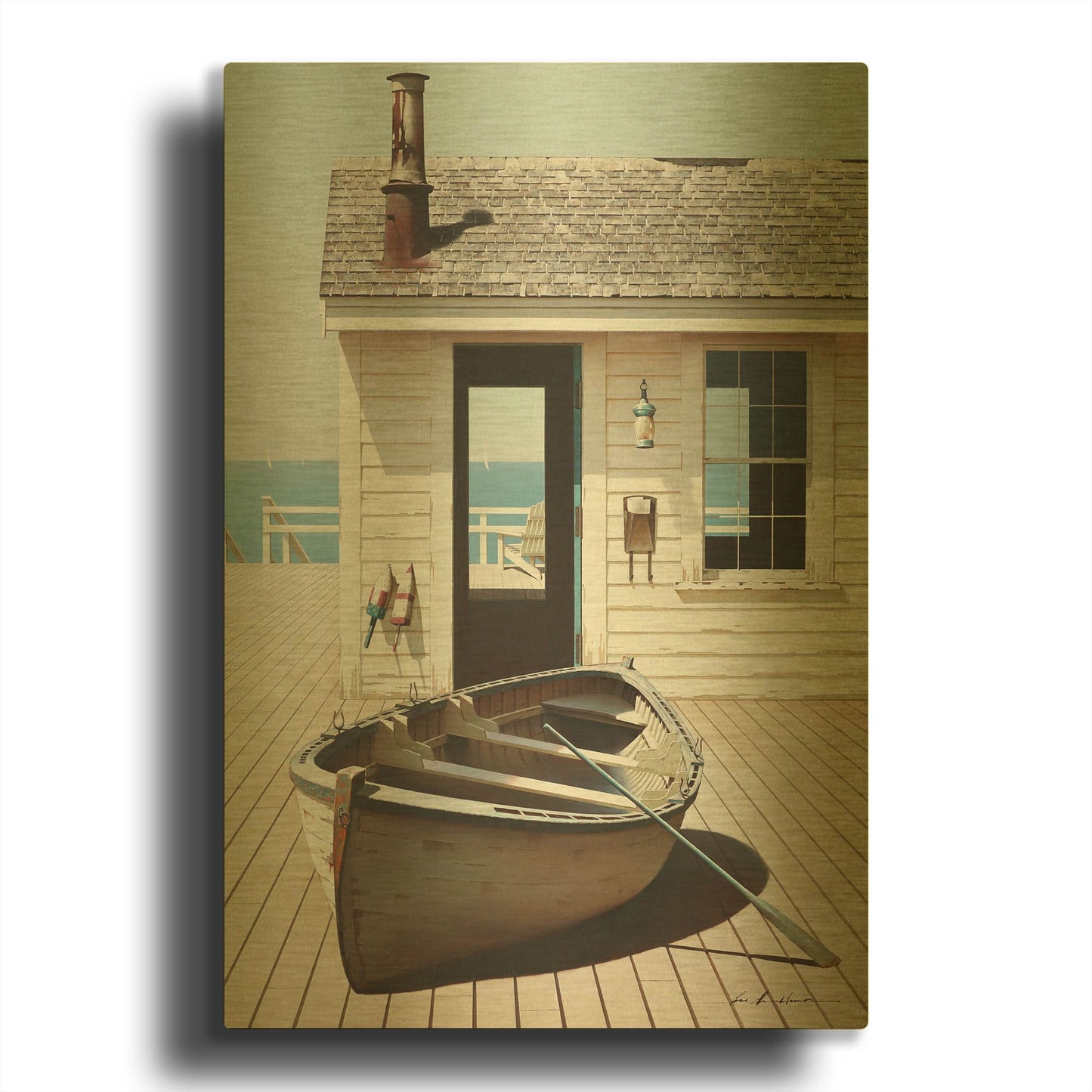 'Boat on the Dock' By Zhen-Huan Lu Gold Metal Wall Art