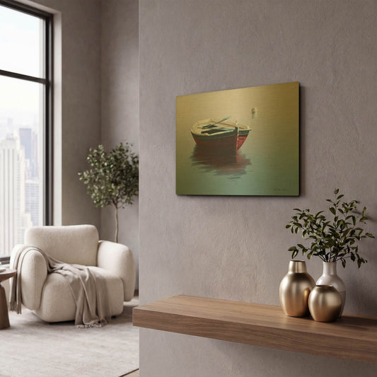 'Lonely Boat in Red' By Zhen-Huan Lu Gold Metal Wall Art