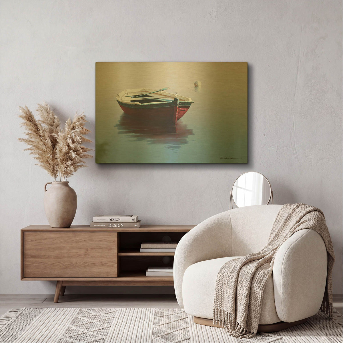 'Lonely Boat in Red' By Zhen-Huan Lu Gold Metal Wall Art