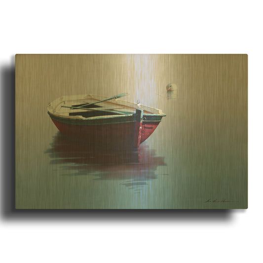 'Lonely Boat in Red' By Zhen-Huan Lu Gold Metal Wall Art