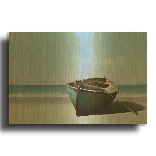 '01 Blue Boat with Oar' By Zhen-Huan Lu Gold Metal Wall Art