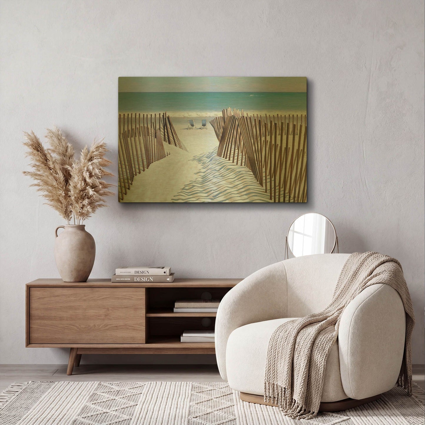 '02 Snow Fence with Two Chairs' By Zhen-Huan Lu Gold Metal Wall Art