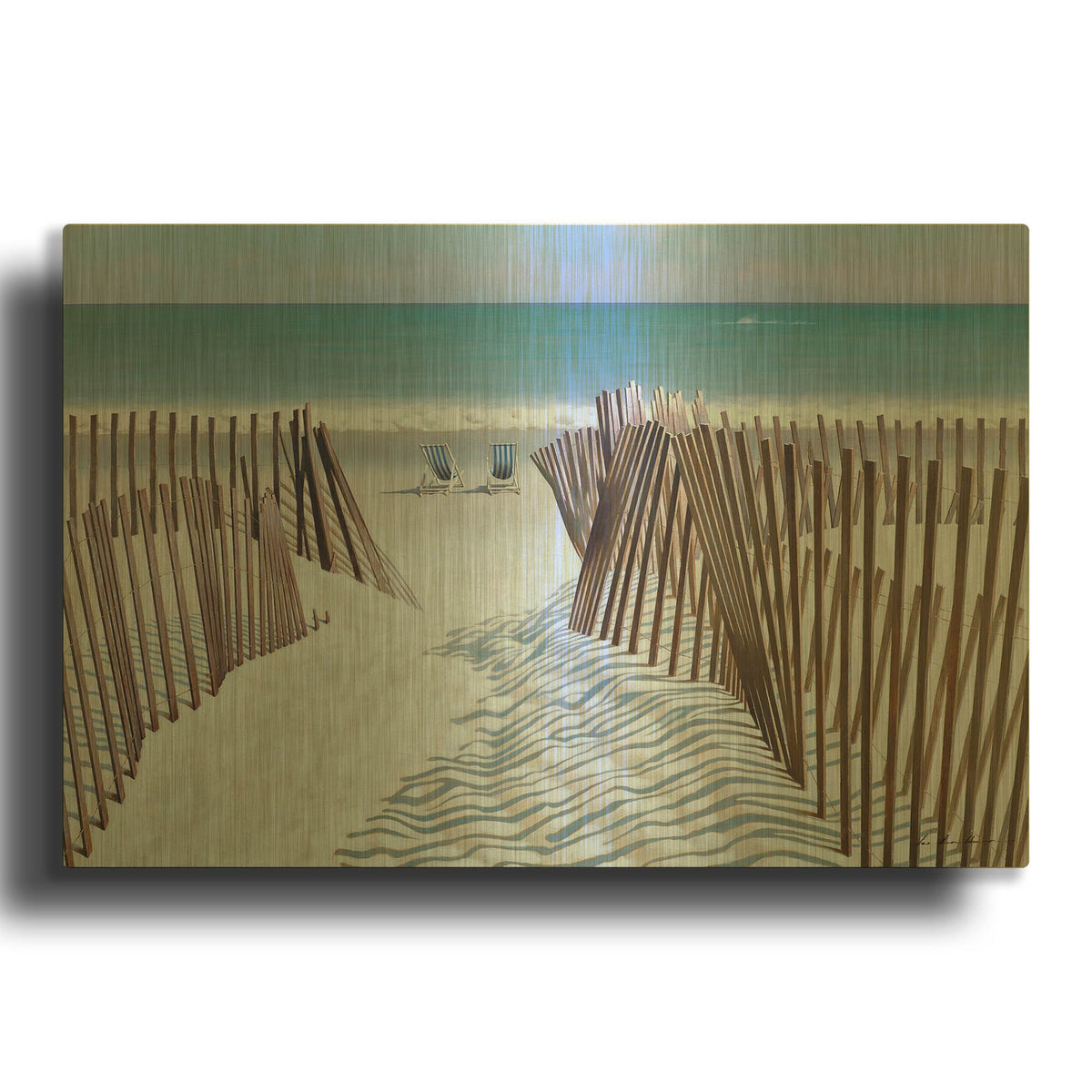 '02 Snow Fence with Two Chairs' By Zhen-Huan Lu Gold Metal Wall Art