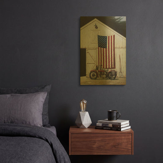'Motorcycle Barn' By Zhen-Huan Lu Gold Metal Wall Art