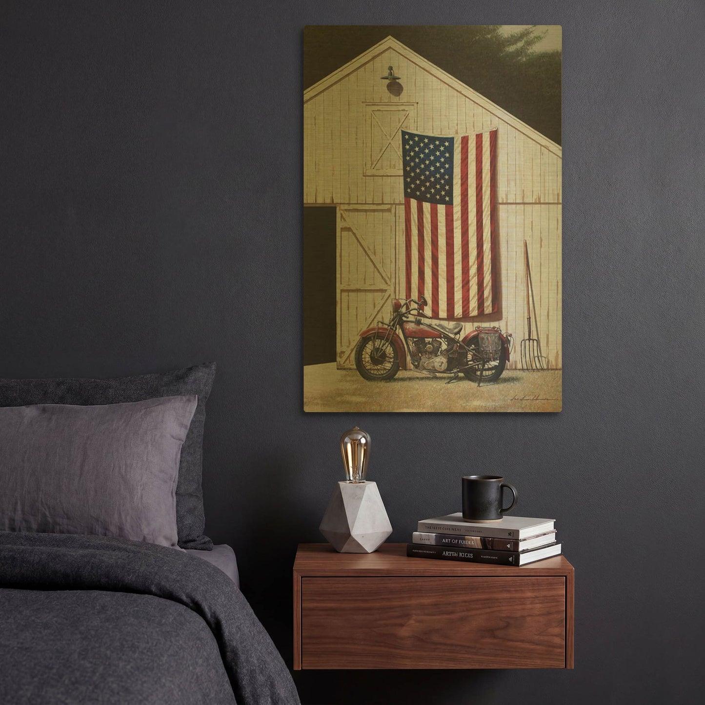 'Motorcycle Barn' By Zhen-Huan Lu Gold Metal Wall Art