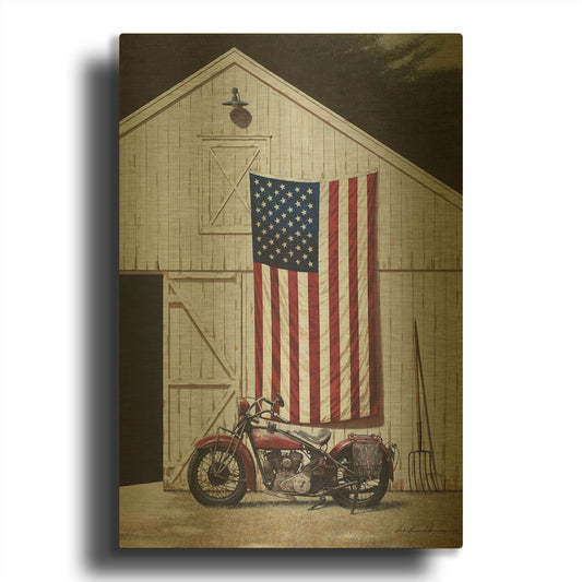 'Motorcycle Barn' By Zhen-Huan Lu Gold Metal Wall Art