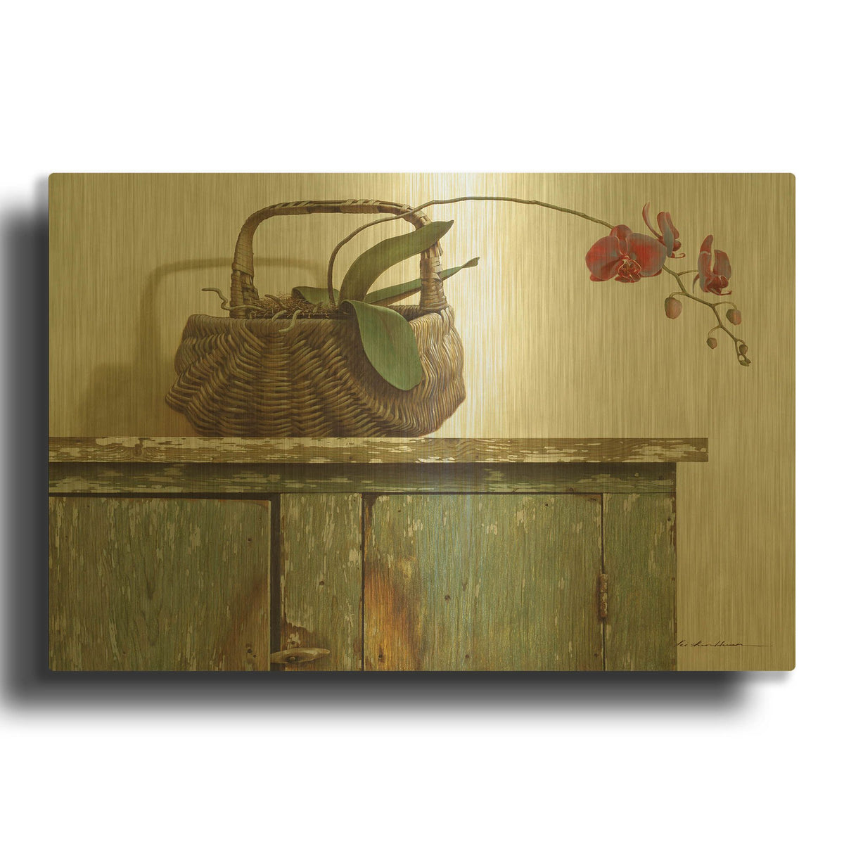 'Orchid Basket' By Zhen-Huan Lu Gold Metal Wall Art