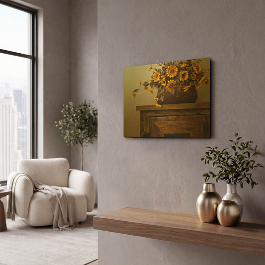 'Sunflower Basket' By Zhen-Huan Lu Gold Metal Wall Art
