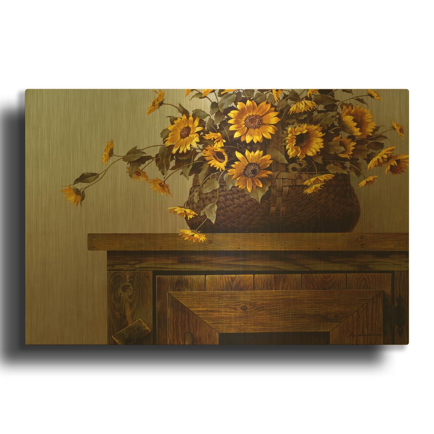 'Sunflower Basket' By Zhen-Huan Lu Gold Metal Wall Art