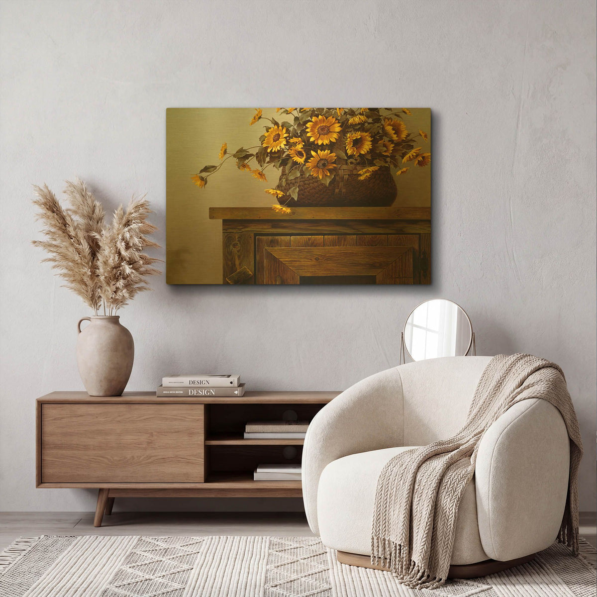 'Sunflower Basket' By Zhen-Huan Lu Gold Metal Wall Art