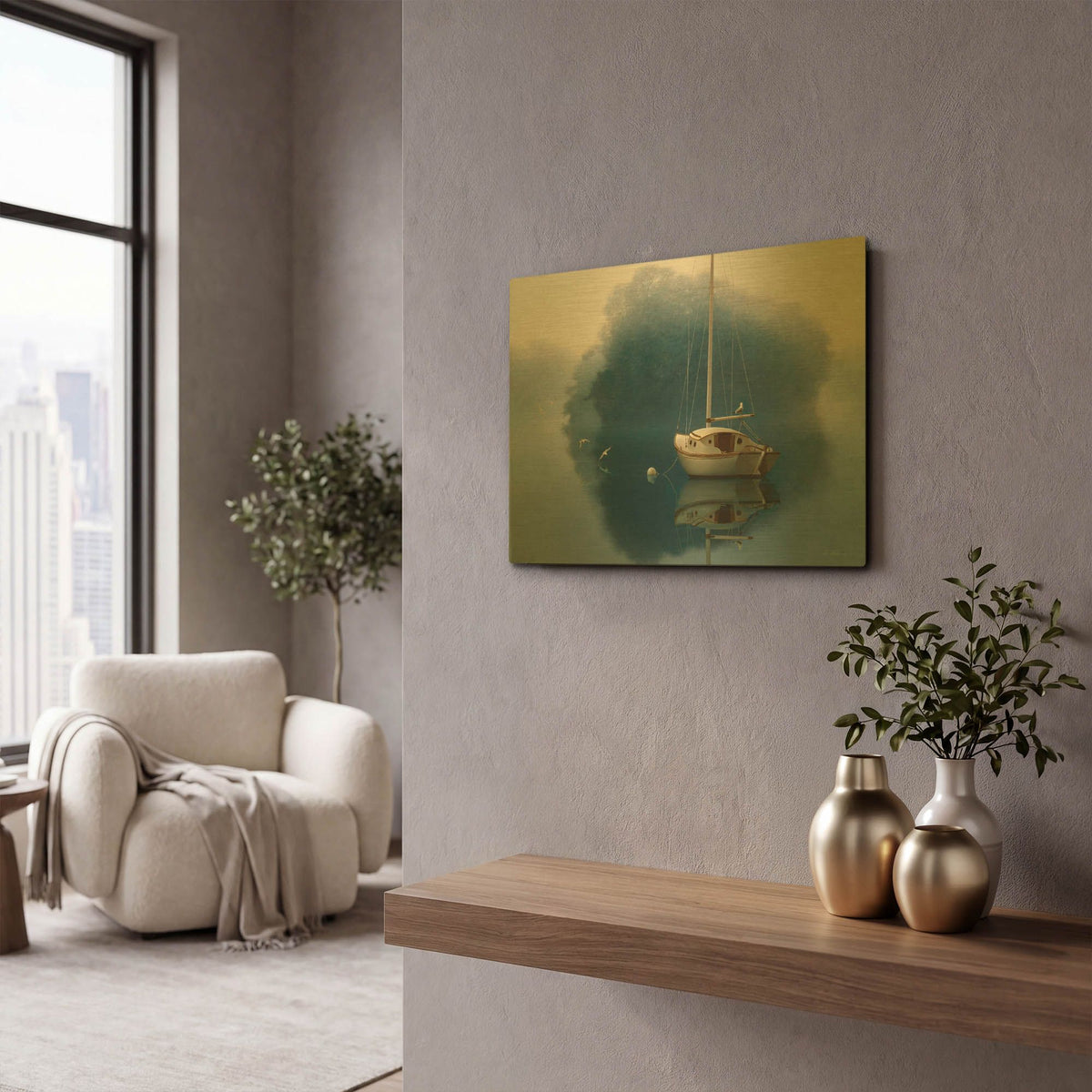 'Sail Boat' By Zhen-Huan Lu Gold Metal Wall Art