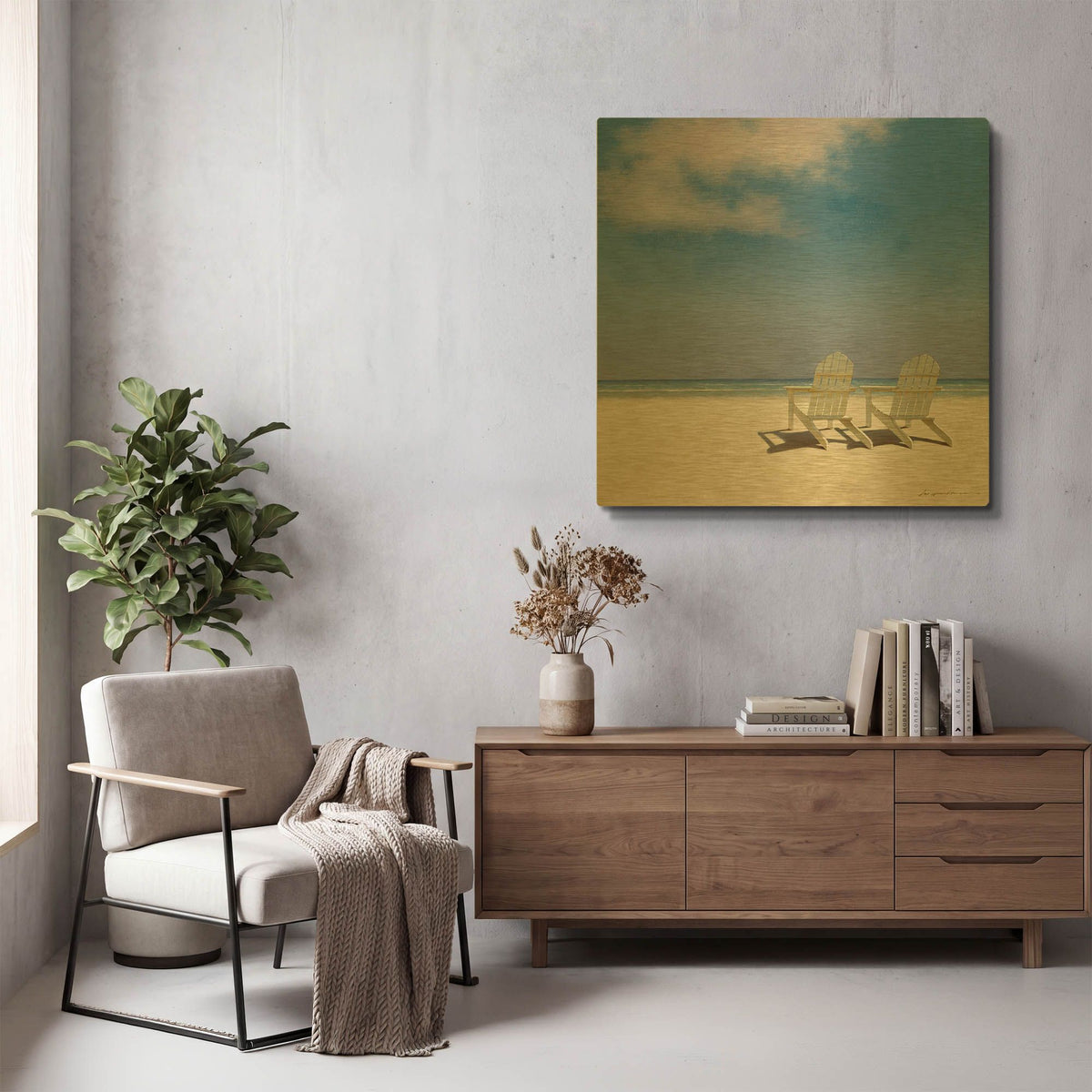 'Beach Chairs' By Zhen-Huan Lu Gold Metal Wall Art