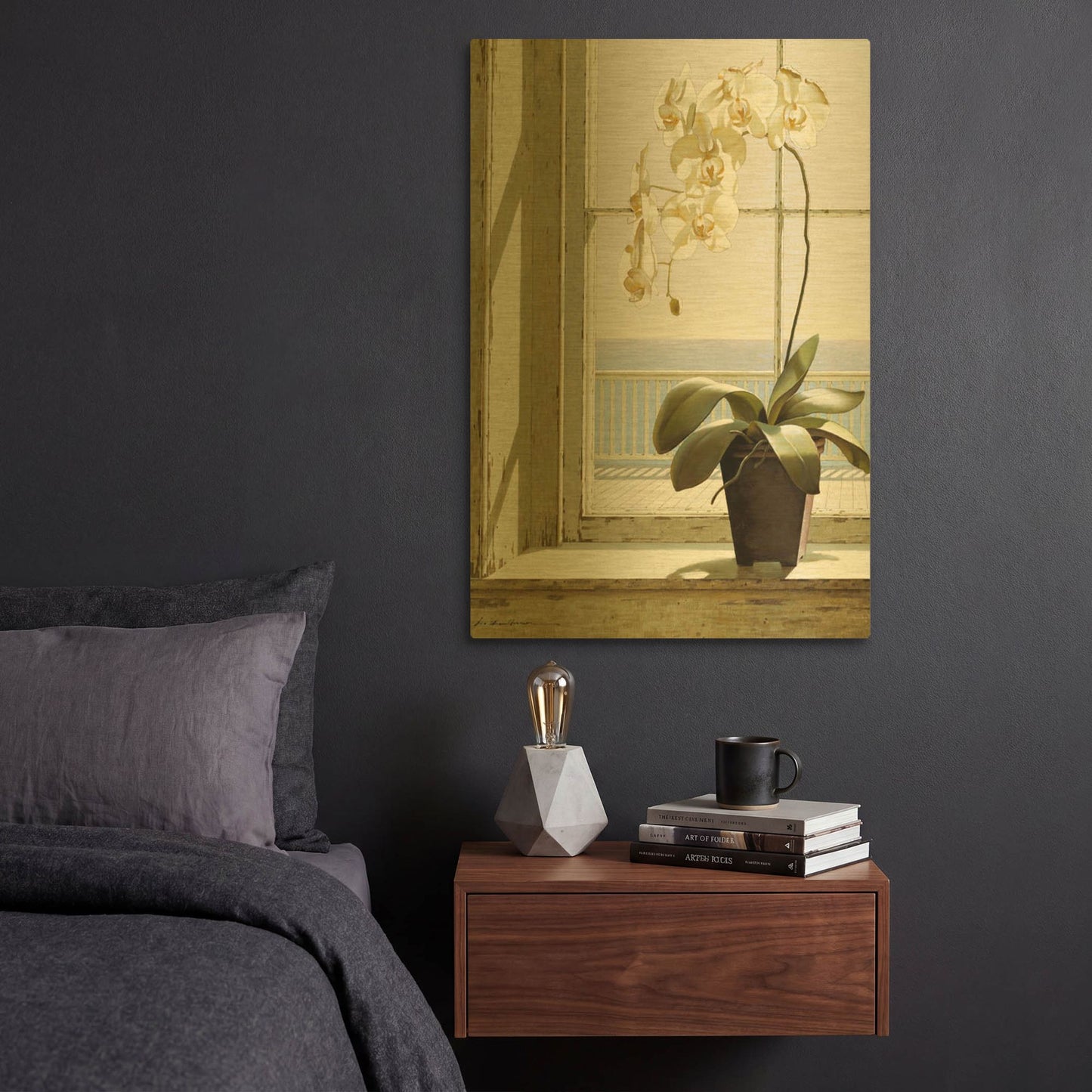 'Flower In Window' By Zhen-Huan Lu Gold Metal Wall Art