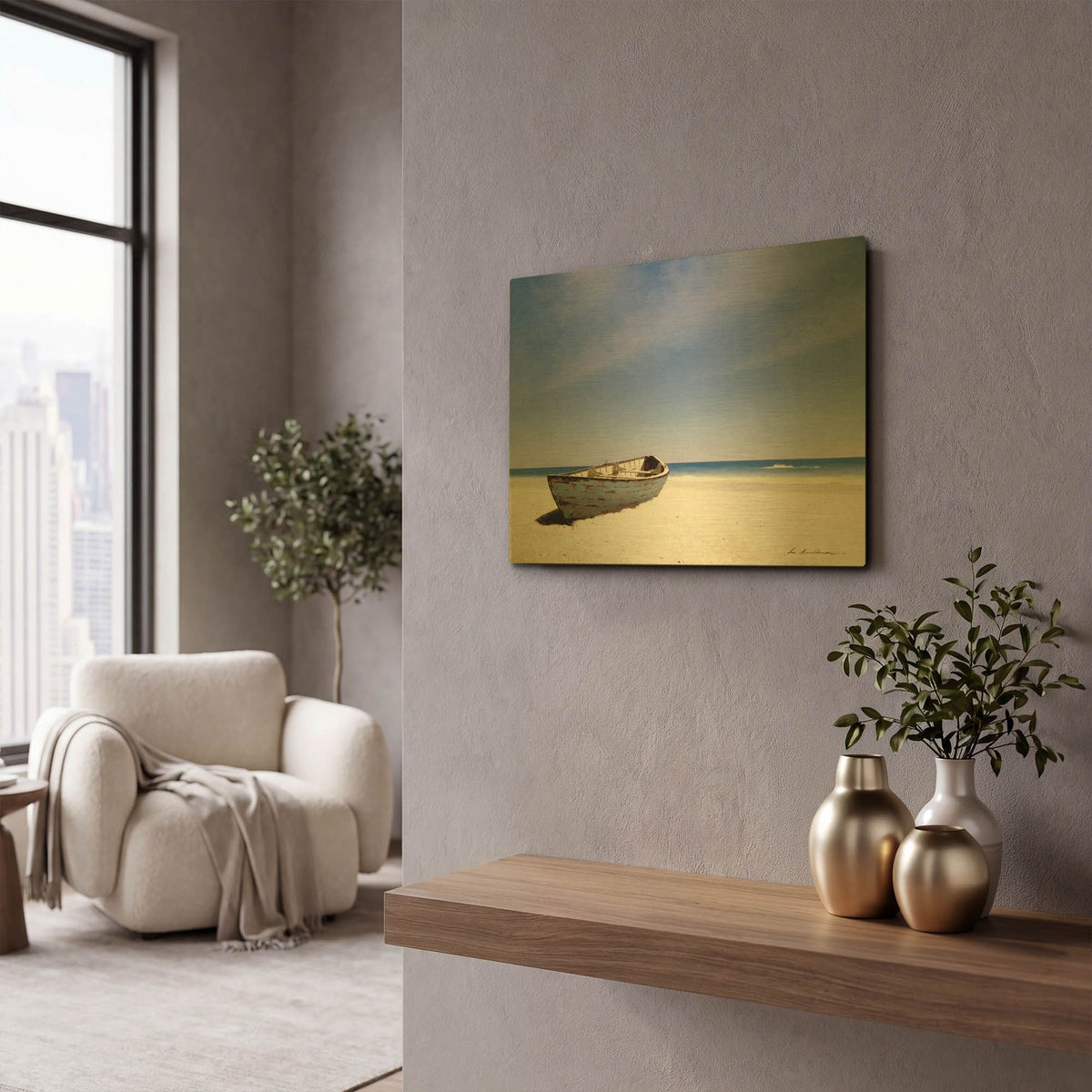 'Beached Boat 3' By Zhen-Huan Lu Gold Metal Wall Art