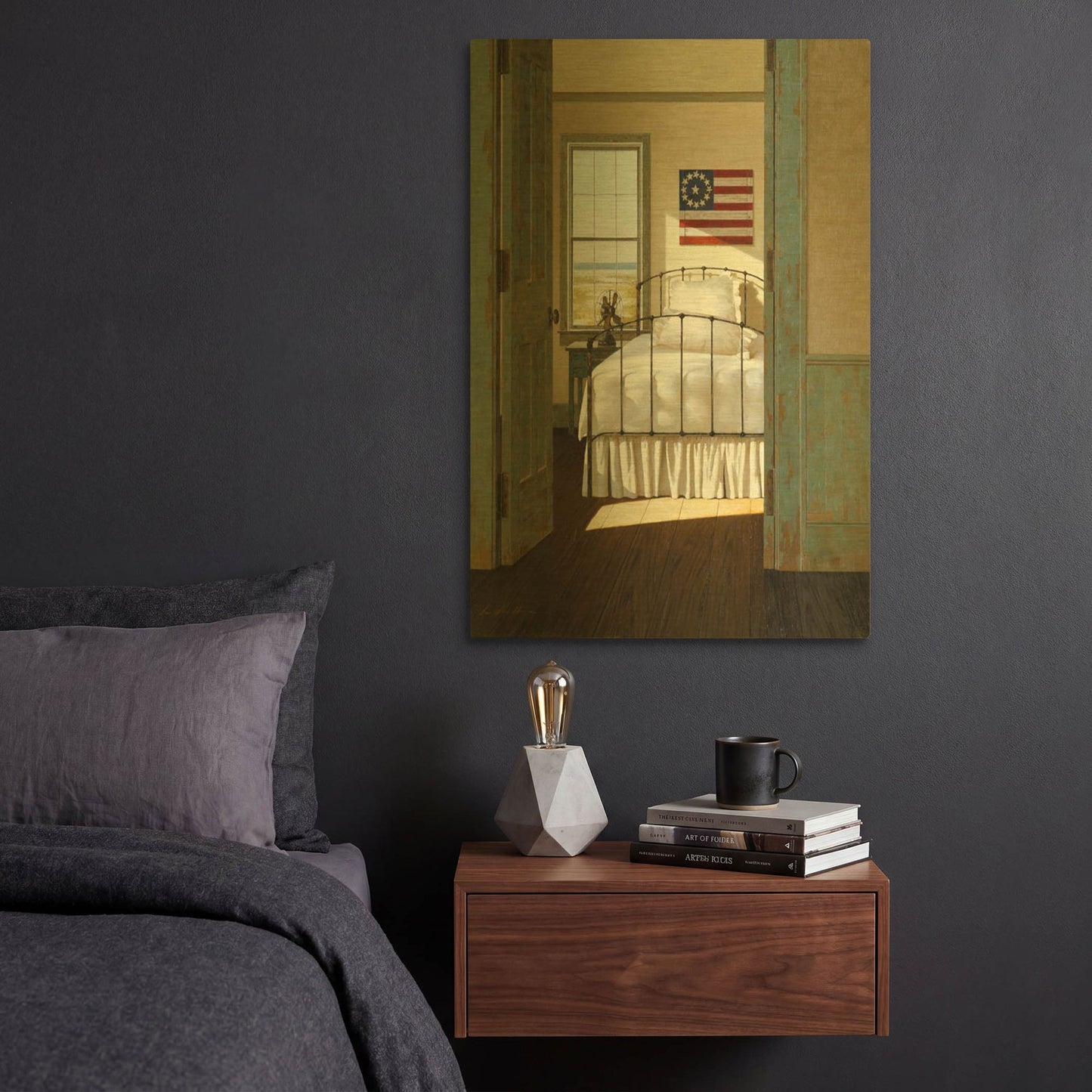 'Beach House Bedroom' By Zhen-Huan Lu Gold Metal Wall Art