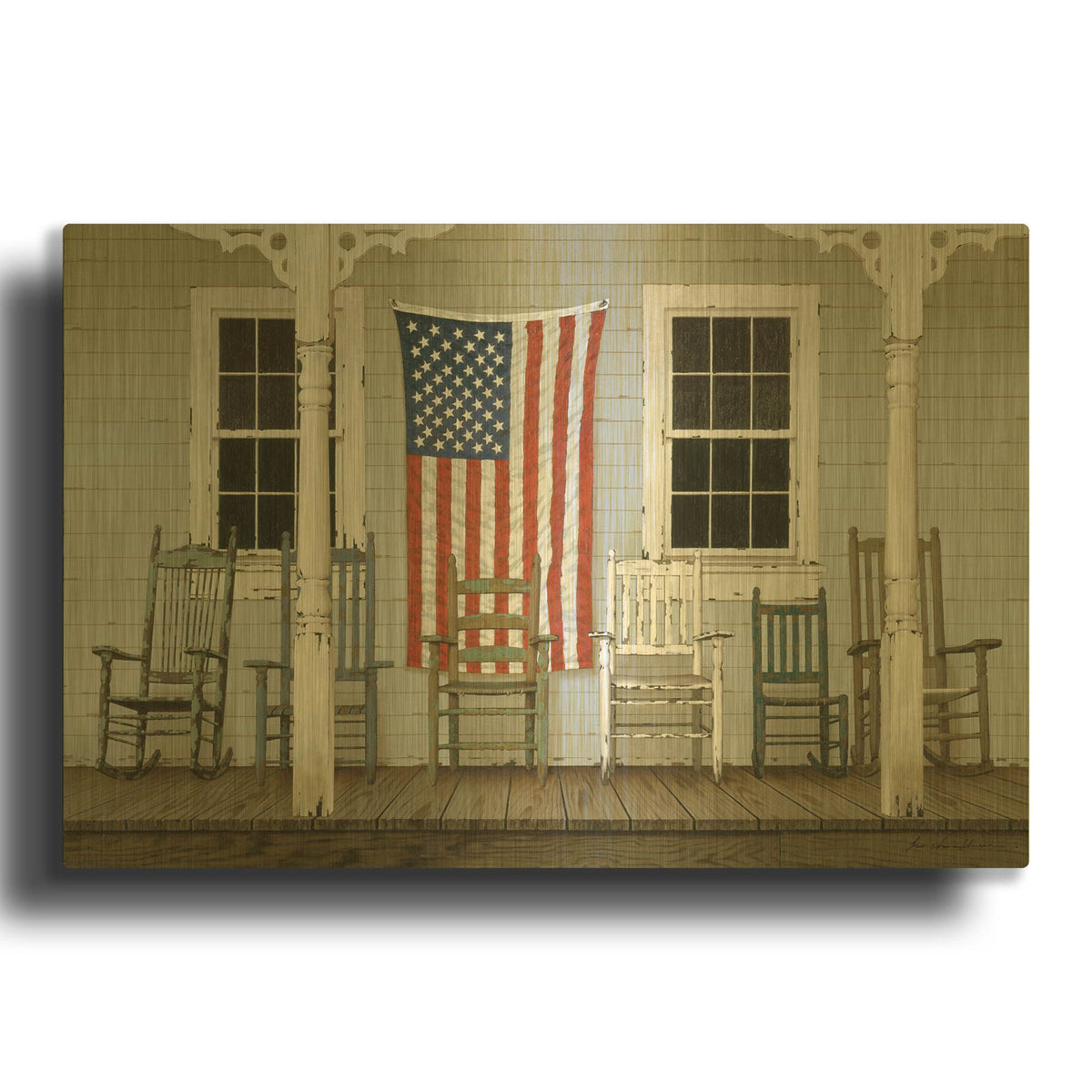 'Chair Family With Flag' By Zhen-Huan Lu Gold Metal Wall Art