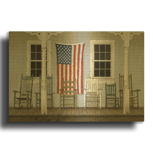 'Chair Family With Flag' By Zhen-Huan Lu Gold Metal Wall Art