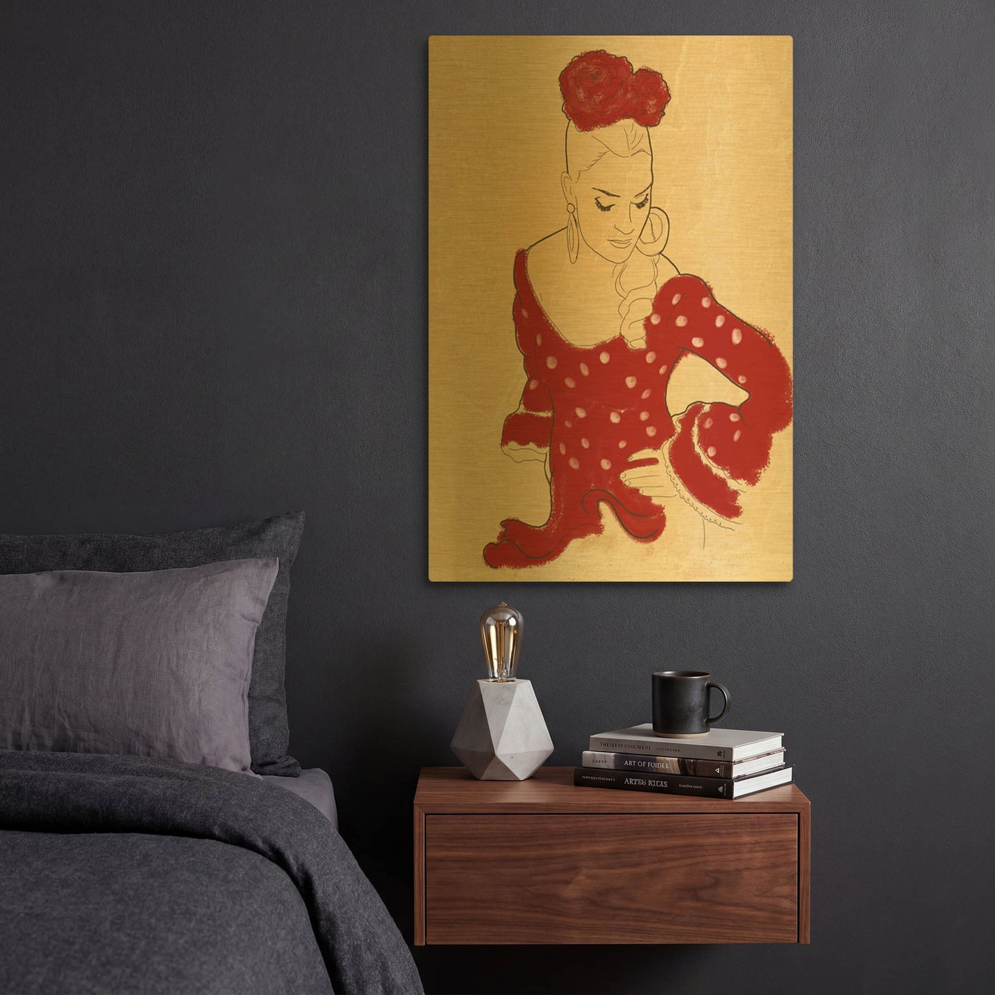 'Spanish Flamenco Woman Dancer In A Dotty Dress' By Sabrina Balbuena Gold Metal Wall Art