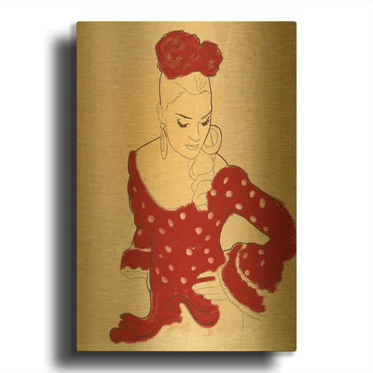 'Spanish Flamenco Woman Dancer In A Dotty Dress' By Sabrina Balbuena Gold Metal Wall Art