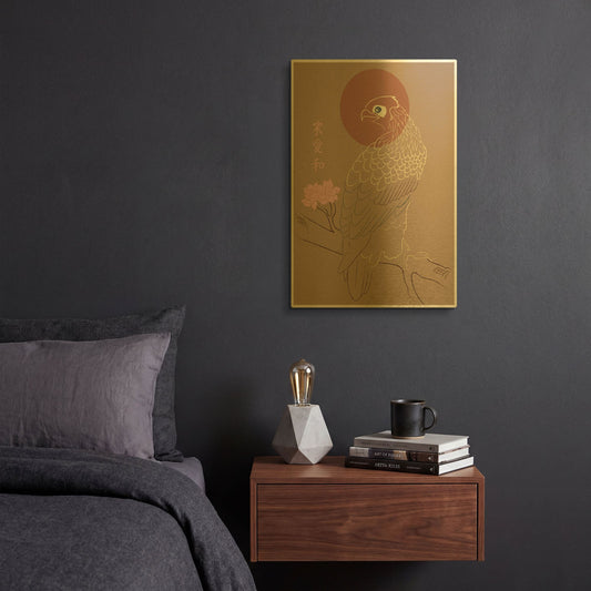 'Japanese Art Style Drawing Real Eagle On The Tree' By Sabrina Balbuena Gold Metal Wall Art