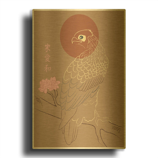 'Japanese Art Style Drawing Real Eagle On The Tree' By Sabrina Balbuena Gold Metal Wall Art