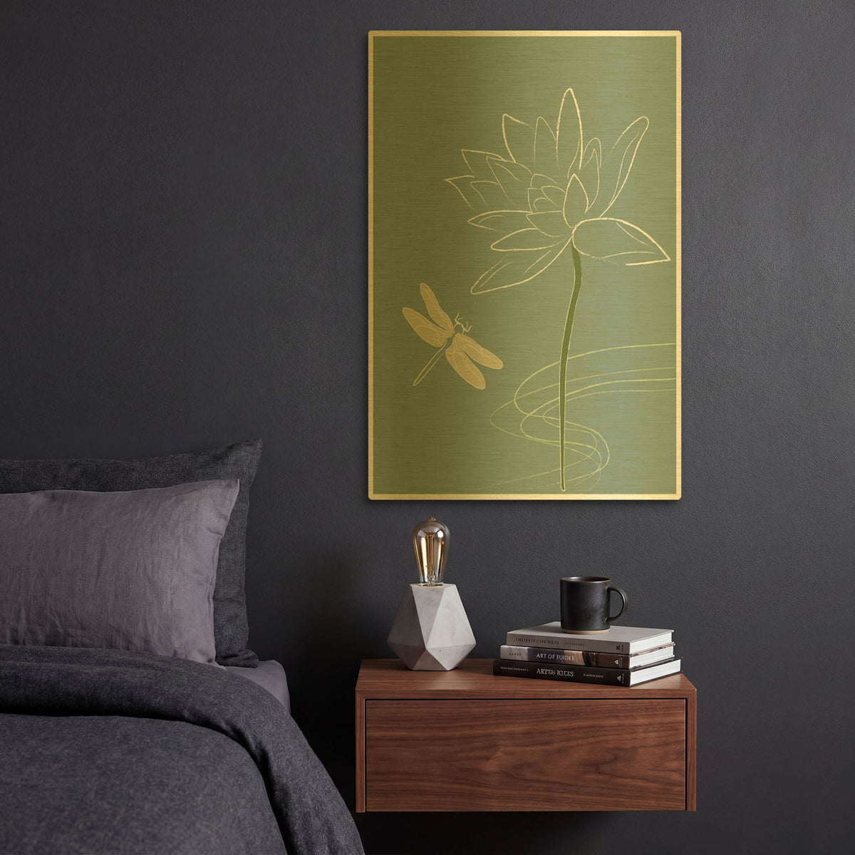 'Japanese Art Style Drawing Dragonfly And The Flower' By Sabrina Balbuena Gold Metal Wall Art