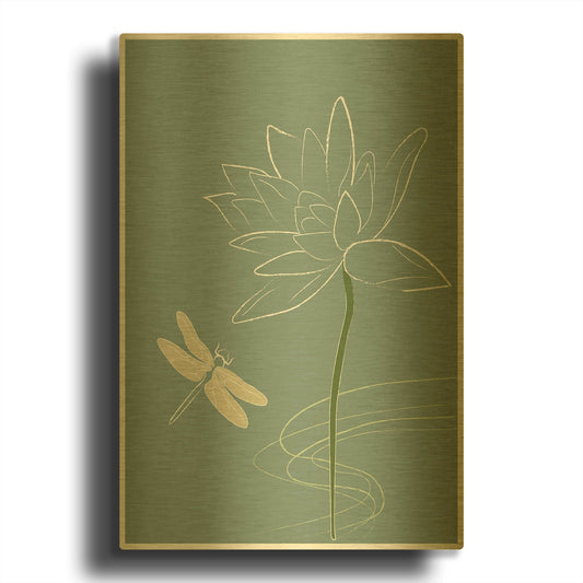 'Japanese Art Style Drawing Dragonfly And The Flower' By Sabrina Balbuena Gold Metal Wall Art