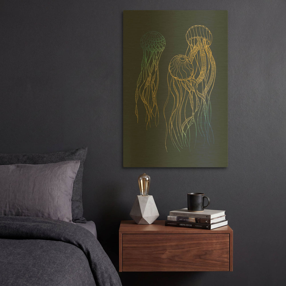 'Sealife Blue And Gold Jellyfishes' By Sabrina Balbuena Gold Metal Wall Art